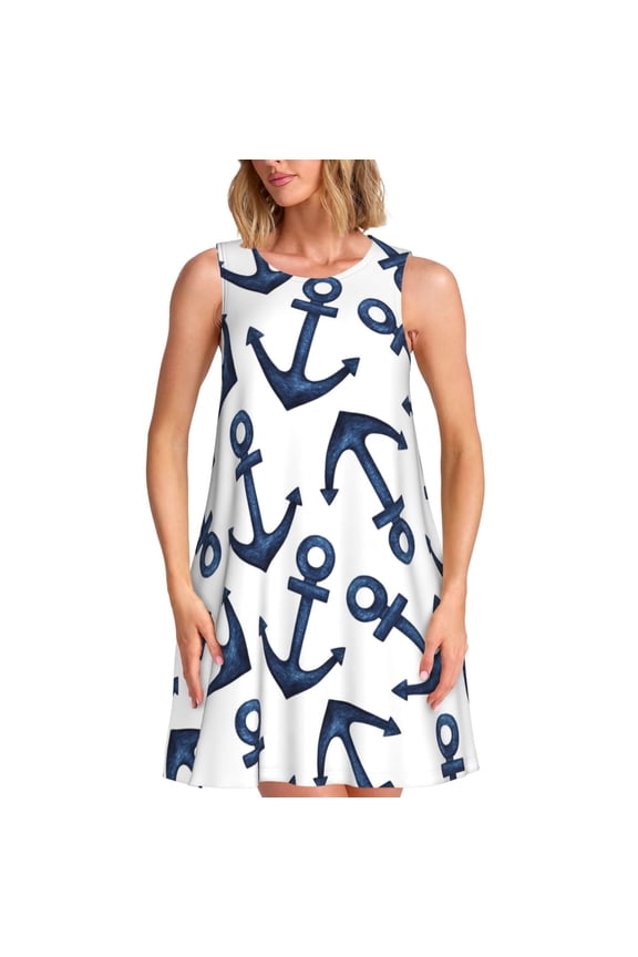 Navy Blue Anchors Print Women’s Sleeveless Midi Swing Dress – A-Line Pleated Tank Sundress, Comfortable and Flowy T-Shirt Dress