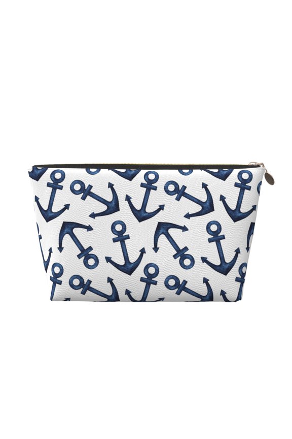 Navy Blue Anchors Printed Leather Travel Toiletry Bag,Cosmetic Organizer, Makeup Travel Bag, Durable Travel Pouch, Compact Toiletry Bag, Travel Accessories
