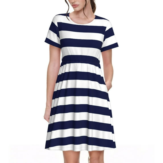 Picia Navy Blue And White Stripes Pattern Women's Short Sleeve Summer Dress Pleated Loose Swing Knee Length Short Sleeve Swing Dresses