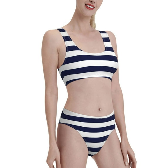 Picia Navy Blue And White Stripes Women's High Waisted Bikini Scoop Neck Swimsuit Two Pieces Bathing Suit-Large