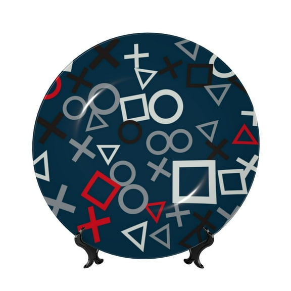 Picia Navy Blue Geometric Pattern Bone China Decorative Plate – Wall Decor with Stand and Adhesive, Elegant Ornament for Living Room, Office, or Entryway-6in