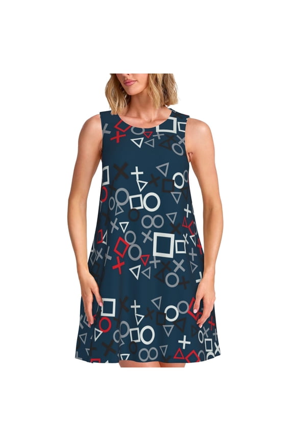 Navy Blue Geometric Print Women’s Sleeveless Midi Swing Dress – A-Line Pleated Tank Sundress, Comfortable and Flowy T-Shirt Dress