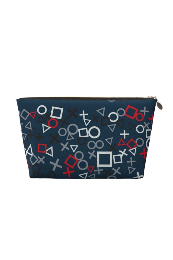 Navy Blue Geometric Printed Leather Travel Toiletry Bag,Cosmetic Organizer, Makeup Travel Bag, Durable Travel Pouch, Compact Toiletry Bag, Travel Accessories