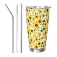 thumbnail image 1 of Picia Navy Blue Leaf Sunflower Pattern 20 oz Tumbler Stainless Steel Vacuum Insulated Coffee Ice Cup Double Wall Travel Flask Dual Lid Water Bottle, Eco-friendly Car Cup-Straw Three-piece Set, 1 of 8