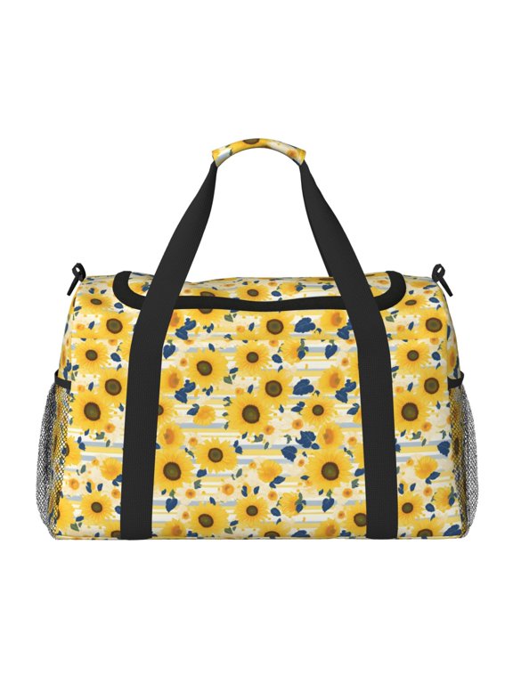 Navy Blue Leaf Sunflower Print Travel Duffle Bag,Weekender Bags for Women with Shoe Compartment, Gym Duffel Bag with Wet Pocket, Hospital Bags for Labor and Delivery