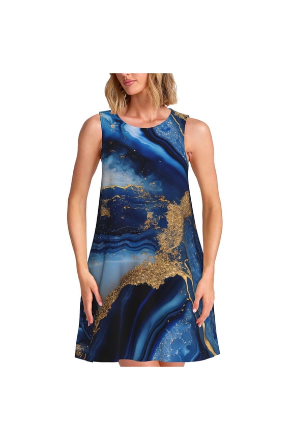 Navy Blue Marble Print Women’s Sleeveless Midi Swing Dress – A-Line Pleated Tank Sundress, Comfortable and Flowy T-Shirt Dress