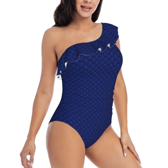 Picia Navy Blue Pattern Women's One Piece Swimsuits,One Shoulder Swimwear Asymmetric ,Ruffle Monokinis Bathing Suits,High Waisted Flattering Bathing Suits-Medium