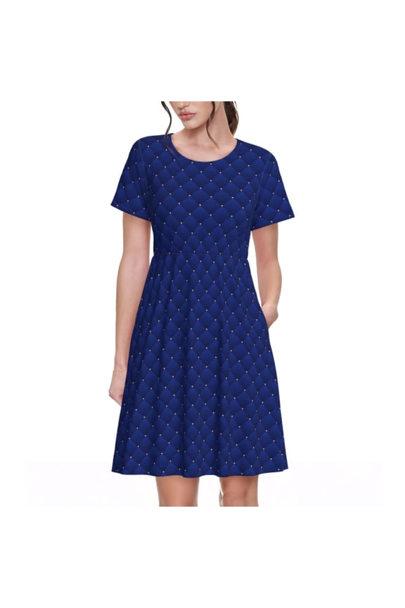 Navy Blue Pattern Women's Short Sleeve Summer Dress Pleated Loose Swing Knee Length Short Sleeve Swing Dresses