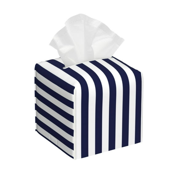 Picia Navy Blue And White Stripes Pattern Tissue Box Cover,PVC Leather Square Holder,Tissue Box Holder with Magnetic Bottom,Facial Paper Organizer Dispenser-5.2"X5.2"X5.2"