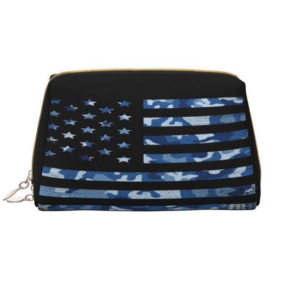 Picia Navy Camouflage American Flag Print Leather Makeup Bag Make Up Bag Travel Toiletry Bag for Her Girlfriend Teacher Teen Girl Gifts