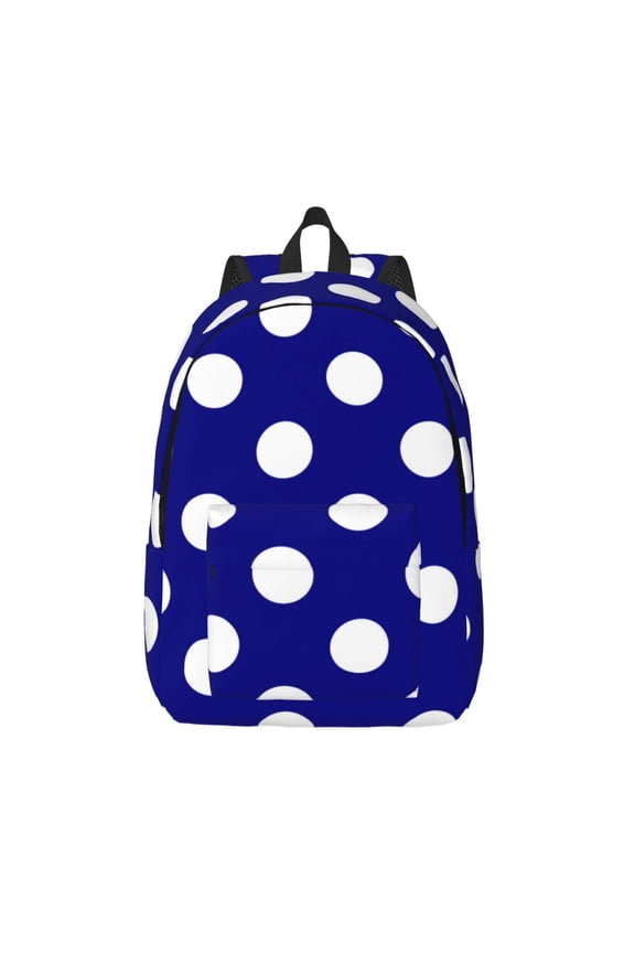 Navy And White Polka Dot Printed Canvas Daypack - Stylish and Durable Vintage Compact Backpack - Class, Work, Travel, or Laptop Bookbag,Organized Compartments-Medium