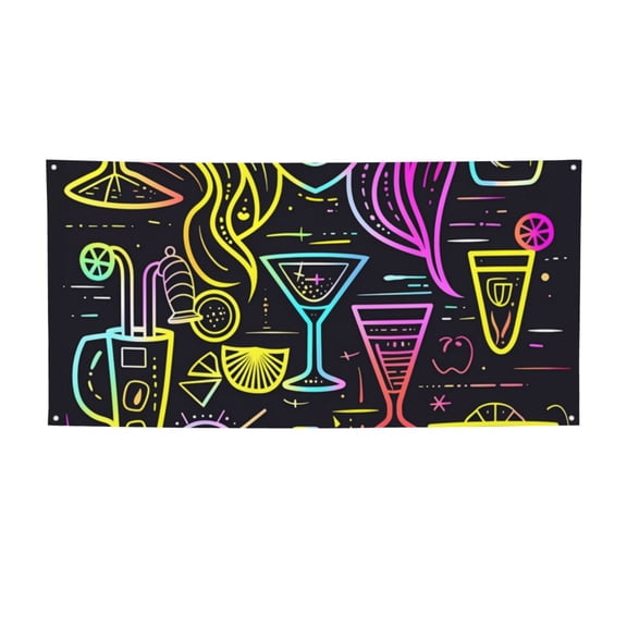 Picia Neon Bar Drinks Pattern Party Banner, Festive Decoration, Holiday Banner, Celebration Decor, Event Banner, Reusable Party Banner-Small