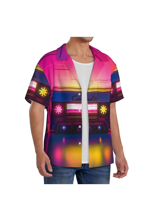 Neon Cassette Tape Men's Linen Shirts Short Sleeve Cuban Beach Shirts Casual Shirts Button Down Shirt for Men Beach Summer Wedding Shirt-XX-Large