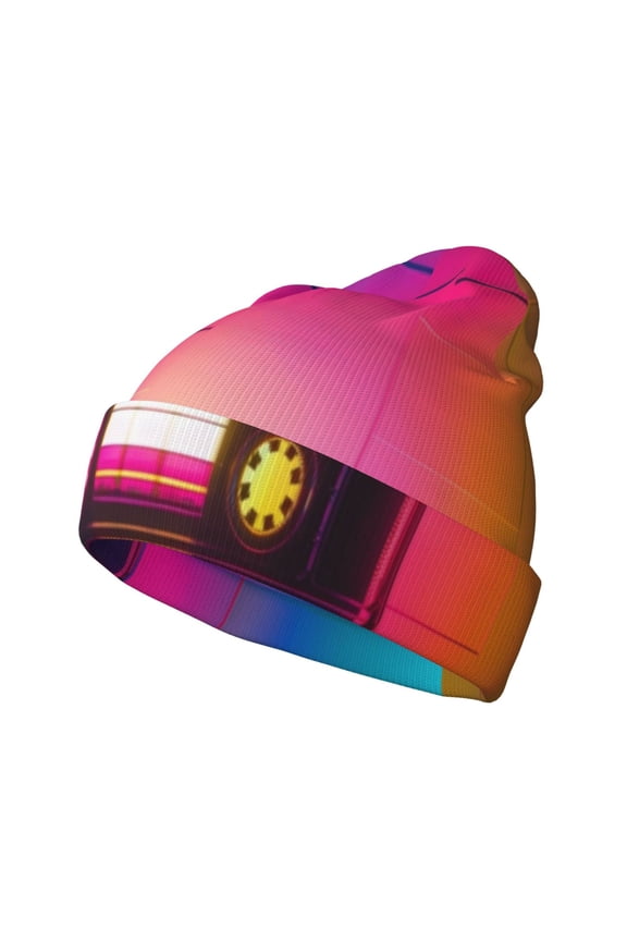 Neon Cassette Tape Pattern Knitted Beanie Hat for Men and Women , Unisex Winter Warm Stretchy Knit Cap Thick Fisherman Beanies Cuffed Plain Skull Caps