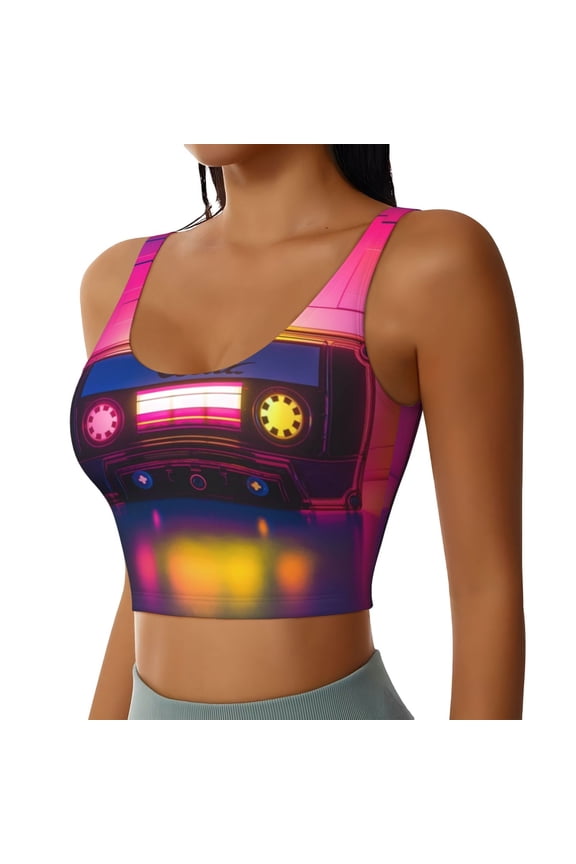 Neon Cassette Tape Sports Bra for Women,Padded Strappy Sports Bras Medium Support Yoga Bra with Removable Cups,Running Yoga Bra-XX-Large