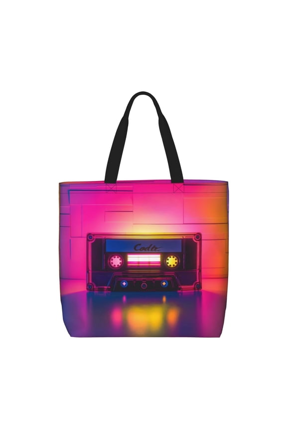 Neon Cassette Tape for Tote Bag for Women with Zipper, Gym Tote with Compartments, Laptop Work Tote Nurse Dance Yoga Bag for Sport, Travel