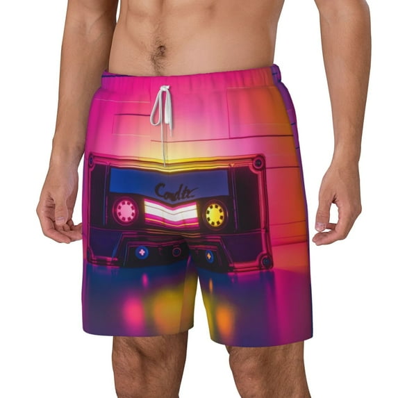 Picia Neon Cassette Tape pattern Mens Swim Trunks with Compression Liner Stretch Beach Shorts Quick Dry with Zipper Pockets No-Chafing Board Shorts-XX-Large