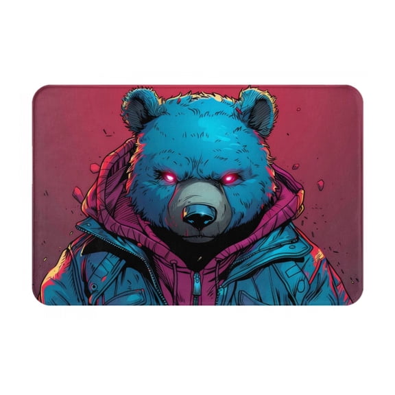 Picia Neon Cyberpunk Blue Bear Pattern Flannel Doormat 16x24 Inch Non-Slip Indoor Mat, Absorbent & Quick-Dry Rug for Entryway, Bathroom, Kitchen, and Bedroom, Machine Washable