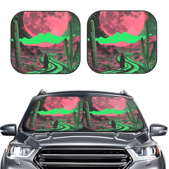 Picia Neon Desert Moon 2 Piece Car Windshield Sun Shade Foldable | Foldable Sun Shield for Front Window Blocks UV Rays and Keeps Your Vehicle Cool-Medium