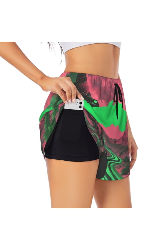 Neon Desert Moon Pattern Women's 2 in 1 Athletic Running Shorts High Waisted Workout Casual Gym Sweat Shorts with Comfy Liner Zipper Pockets-