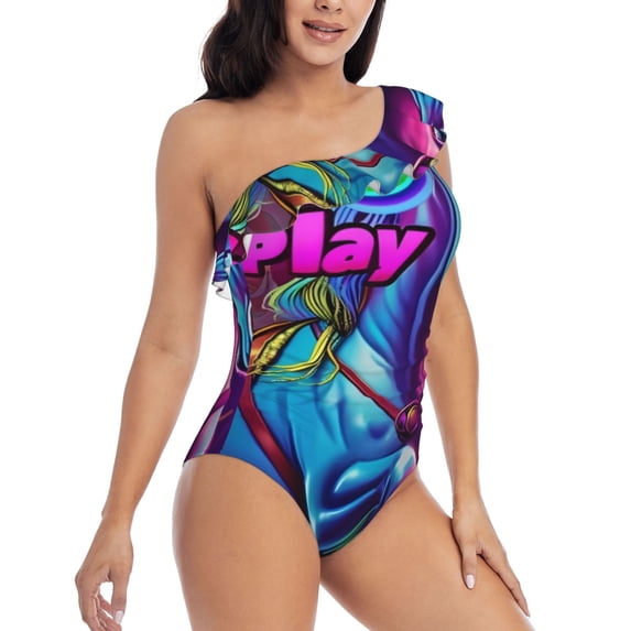 Picia Neon Free Play Pattern Women's One Piece Swimsuits,One Shoulder Swimwear Asymmetric ,Ruffle Monokinis Bathing Suits,High Waisted Flattering Bathing Suits-XX-Large