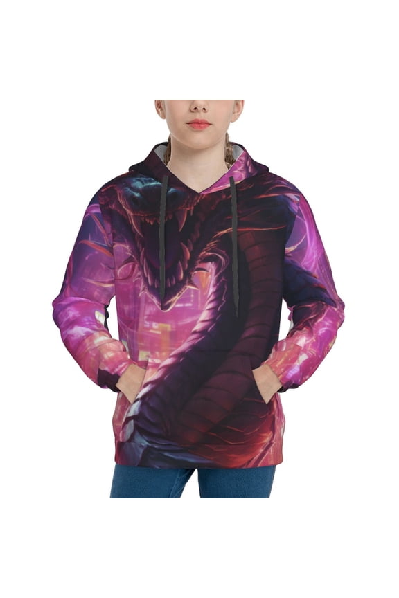 Neon Futuristic Dragon Pattern Youth Hoodie - Warm Pullover Sweatshirt with Kangaroo Pocket, Ideal for Boys and Girls-Medium