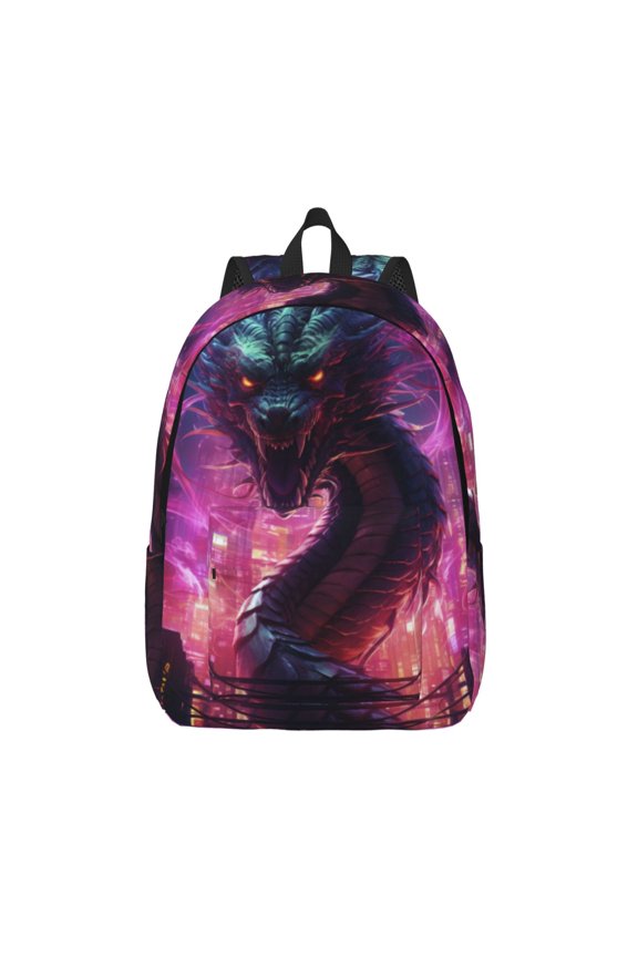 Neon Futuristic Dragon Printed Canvas Daypack - Stylish and Durable Vintage Compact Backpack - Class, Work, Travel, or Laptop Bookbag,Organized Compartments-Medium