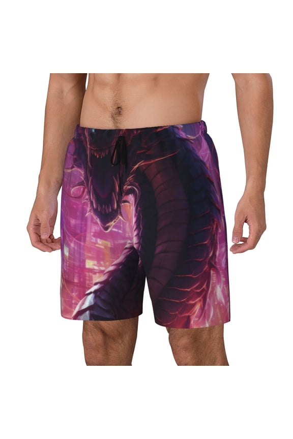 Neon Futuristic Dragon pattern Mens Swim Trunks with Compression Liner Stretch Beach Shorts Quick Dry with Zipper Pockets No-Chafing Board Shorts-Large