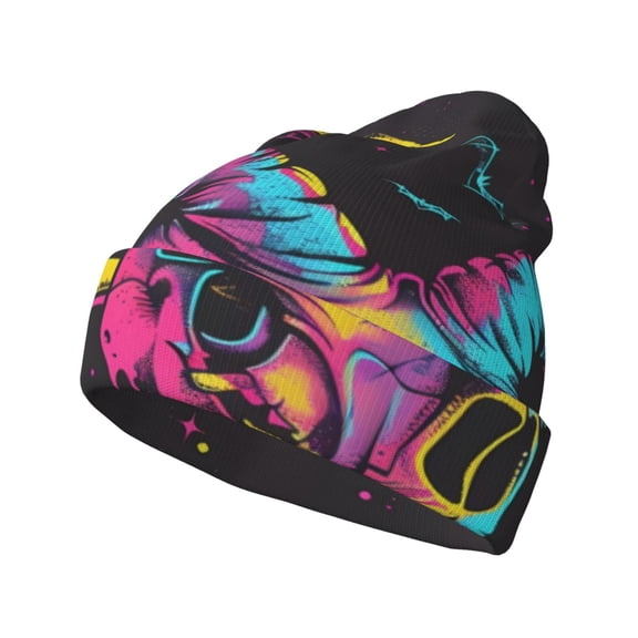 Picia Neon Gothic Skull Moon Pattern Knitted Beanie Hat for Men and Women , Unisex Winter Warm Stretchy Knit Cap Thick Fisherman Beanies Cuffed Plain Skull Caps