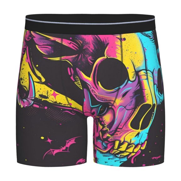 Picia Neon Gothic Skull Moon Pattern Men's Athletic Long Leg Briefs , Performance Stretch Underwear，Moisture-Wicking