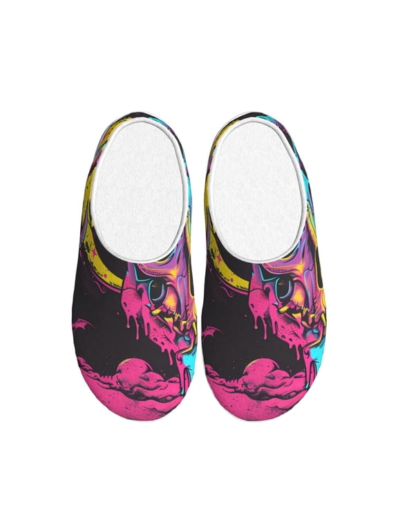 Neon Gothic Skull Moon for Women's Lamb-hug Comfy Fleece House Slippers Memory Foam, Slip-on House Shoes Indoor Outdoor-44/45