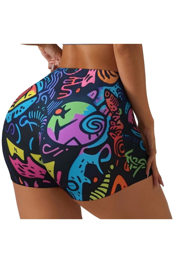 Neon Graffiti Urban Art Printed Workout Shorts for Women Seamless Scrunch Butt Lifting High Waisted Yoga Gym Booty Running Moisture-wicking Short Pants-Large