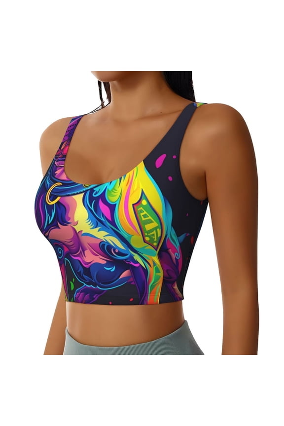 Neon Pop Art Pitbull Sports Bra for Women,Padded Strappy Sports Bras Medium Support Yoga Bra with Removable Cups,Running Yoga Bra-Large