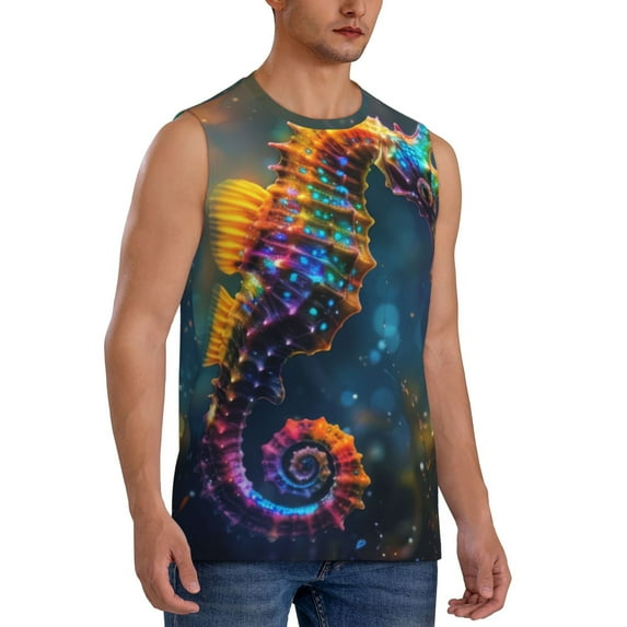 Picia Neon Seahorse Underwater Realm mens Cotton Tank Undershirts , Moisture-wicking Ribbed Tanks, Lightweight Cotton Tank Undershirts-3X-Large