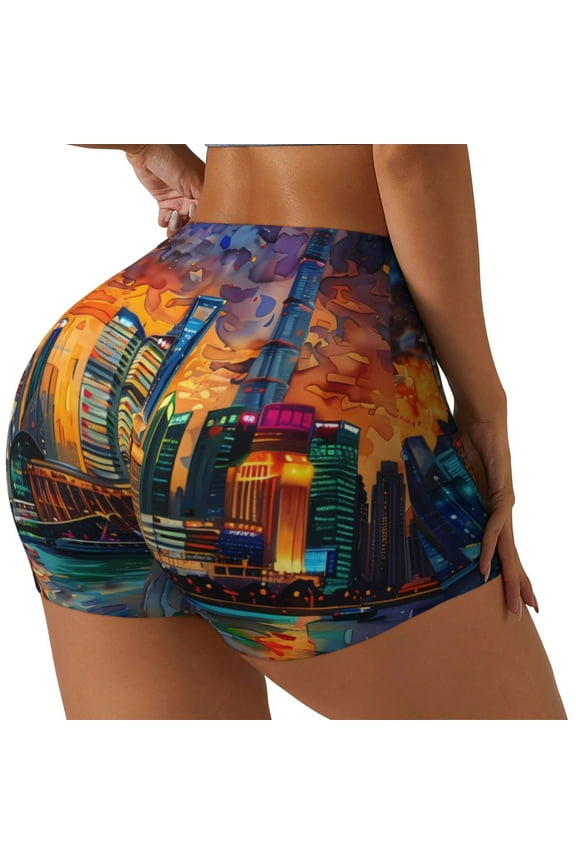 Neon Shanghai Cityscape Night Printed Workout Shorts for Women Seamless Scrunch Butt Lifting High Waisted Yoga Gym Booty Running Moisture-wicking Short Pants-Medium