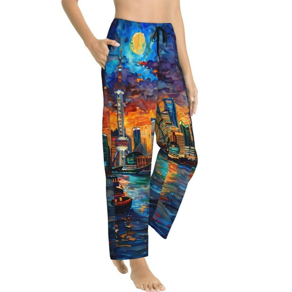 Picia Neon Shanghai Cityscape Night Womens Soft Woven Cotton Elastic Waistband Sleep Pajama Pant Lounge Sleep Pant With Pockets And Drawstring-X-Large
