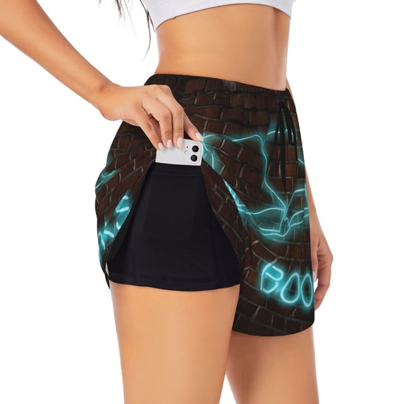 Picia Neon Sign For Books Pattern Women's 2 in 1 Athletic Running Shorts High Waisted Workout Casual Gym Sweat Shorts with Comfy Liner Zipper Pockets-Medium