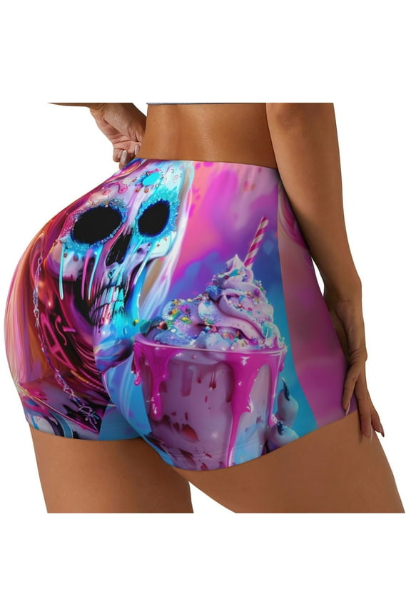 Neon Skull With Milkshake Printed Workout Shorts for Women Seamless Scrunch Butt Lifting High Waisted Yoga Gym Booty Running Moisture-wicking Short Pants-Large