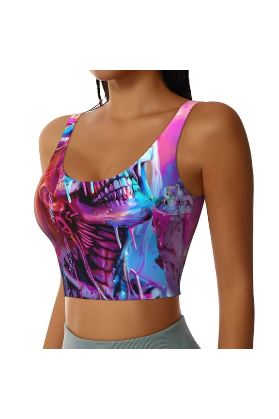 Neon Skull With Milkshake Sports Bra for Women,Padded Strappy Sports Bras Medium Support Yoga Bra with Removable Cups,Running Yoga Bra-Small