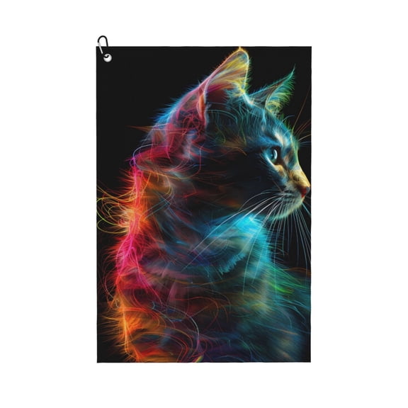 Picia Neon Spectrum Cat Portrait Microfiber Golf Towel (24" X 16") with Carabiner Clip, Waffle Pattern Hook - Golf Accessories and Gifts, Father's Day, Christmas, Birthday Gift