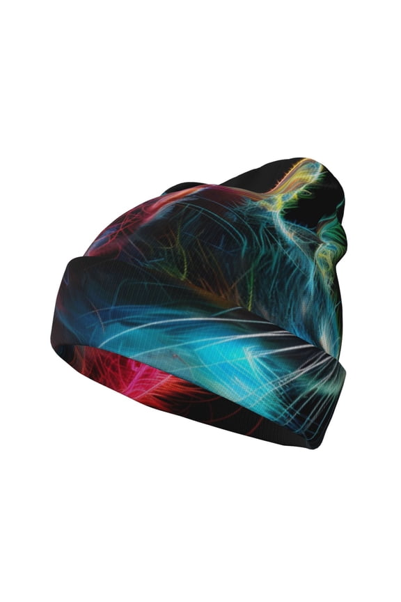Neon Spectrum Cat Portrait Pattern Knitted Beanie Hat for Men and Women , Unisex Winter Warm Stretchy Knit Cap Thick Fisherman Beanies Cuffed Plain Skull Caps