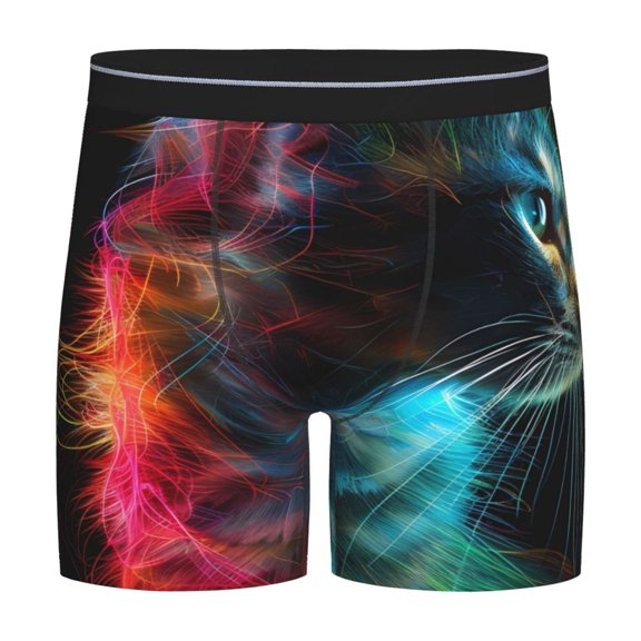 Picia Neon Spectrum Cat Portrait Pattern Men's Athletic Long Leg Briefs , Performance Stretch Underwear,Moisture-Wicking