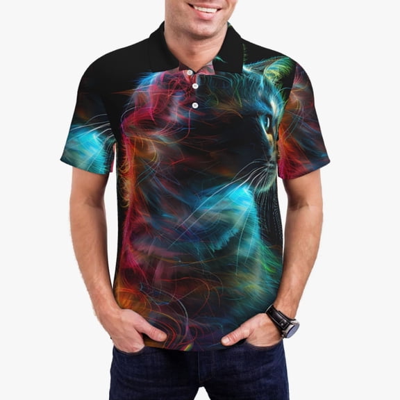Picia Neon Spectrum Cat Portrait Print Men's Polo Shirt, Two-Button Closure Pique Polo Shirt, Summer Fashion Golf Shirt-