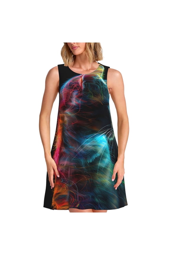 Neon Spectrum Cat Portrait Print Women’s Sleeveless Midi Swing Dress – A-Line Pleated Tank Sundress, Comfortable and Flowy T-Shirt Dress