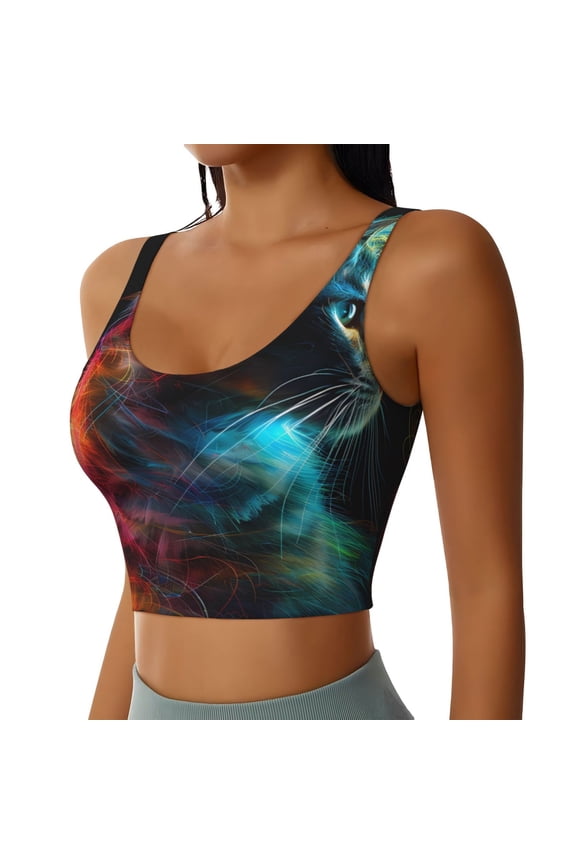 Neon Spectrum Cat Portrait Sports Bra for Women,Padded Strappy Sports Bras Medium Support Yoga Bra with Removable Cups,Running Yoga Bra-X-Large