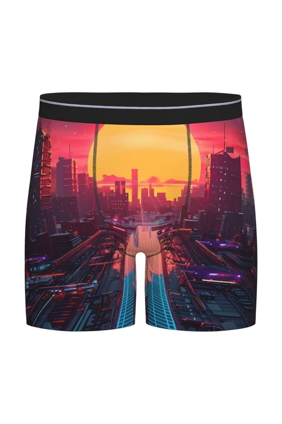 Neon Sunset Cyberpunk Cityscape Pattern Men's Athletic Long Leg Briefs , Performance Stretch Underwear,Moisture-Wicking