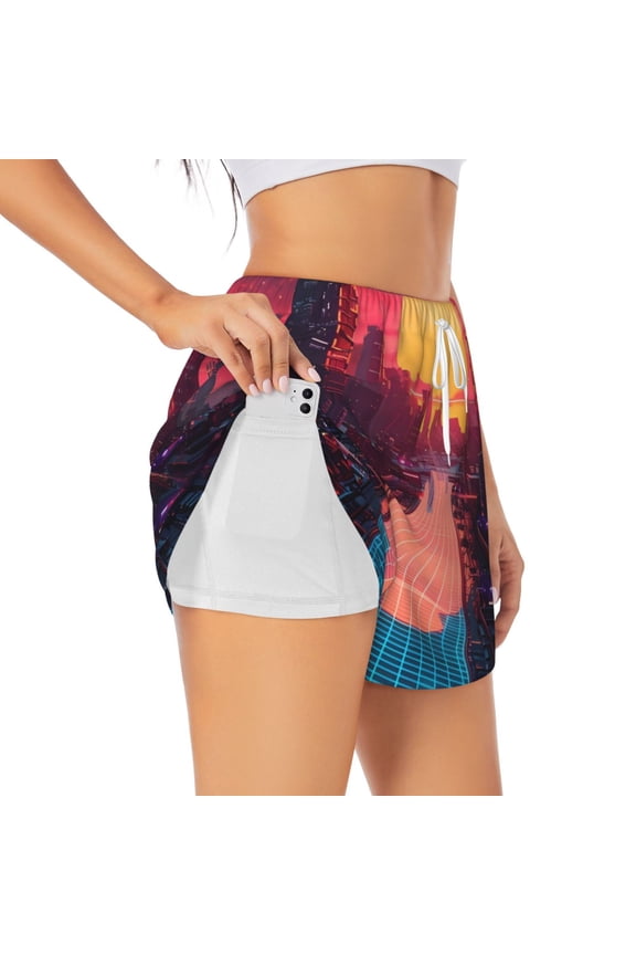 Neon Sunset Cyberpunk Cityscape Pattern Women's 2 in 1 Athletic Running Shorts High Waisted Workout Casual Gym Sweat Shorts with Comfy Liner Zipper Pockets-Small