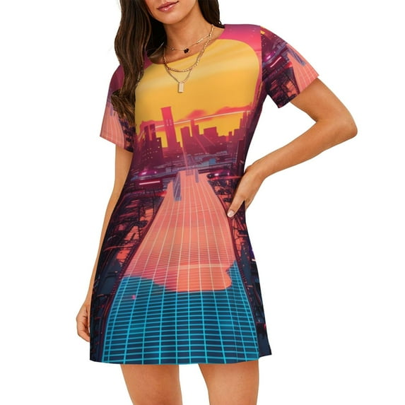 Picia Neon Sunset Cyberpunk Cityscape Pattern Women’s Nightdress – Casual Short-sleeved Loose-Fit Sleepwear, Soft Cotton Short-Sleeve Sleep Shirt for Relaxation & Comfort