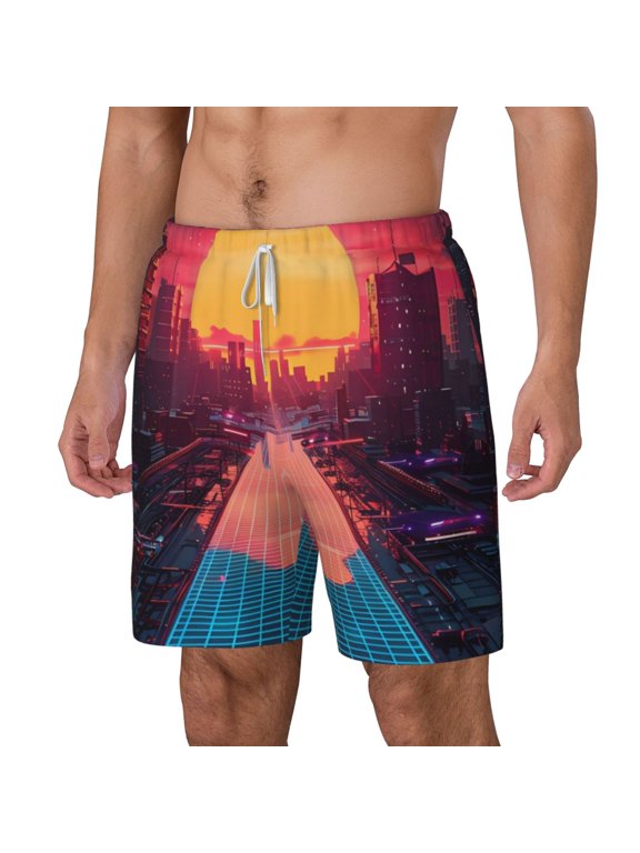 Neon Sunset Cyberpunk Cityscape pattern Mens Swim Trunks with Compression Liner Stretch Beach Shorts Quick Dry with Zipper Pockets No-Chafing Board Shorts-Small