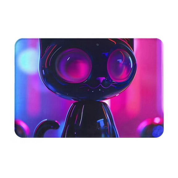 Picia Neon Toy Cat Reflections Pattern Flannel Doormat – 16x24 Inch Non-Slip Indoor Mat, Absorbent & Quick-Dry Rug for Entryway, Bathroom, Kitchen, and Bedroom, Machine Washable